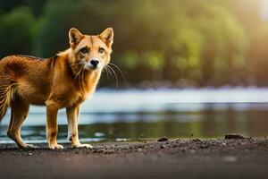 a dog standing on the shore of a river. AI-Generated photo