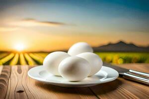 eggs on a plate with a knife and fork on a wooden table. AI-Generated photo