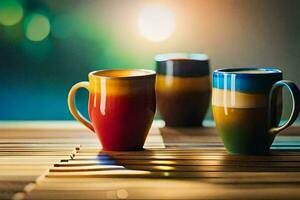 three colorful coffee cups sit on a wooden table. AI-Generated photo