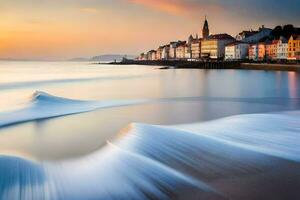 a long exposure photograph of waves crashing on the shore. AI-Generated photo