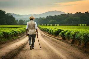 a man walking down a dirt road with cane in hand. AI-Generated photo