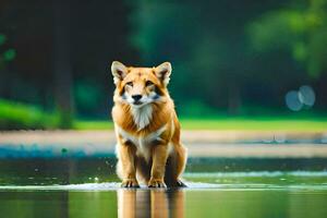 un rojo zorro en pie en el agua. generado por ai foto