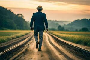 a man in a suit and hat walks along railroad tracks. AI-Generated photo