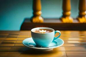 a cup of coffee on a wooden table. AI-Generated photo