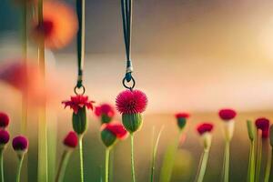 red flowers and a necklace hanging from a tree. AI-Generated photo