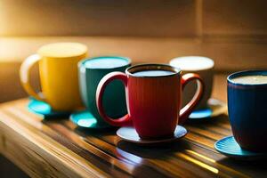 a row of colorful coffee cups on a wooden table. AI-Generated photo