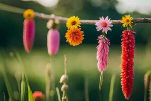 colorful flowers hanging from a branch in a field. AI-Generated photo