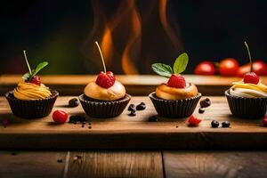 four cupcakes with berries and cinnamon on a wooden board. AI-Generated photo