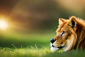 a lion laying in the grass with the sun in the background. AI-Generated photo