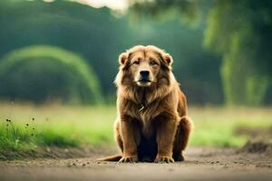 a golden retriever sitting on the road in a field. AI-Generated photo