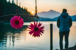 a man standing in front of a lake with flowers hanging from a tree. AI-Generated photo