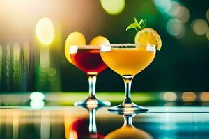 two cocktails on a table with a bright background. AI-Generated photo