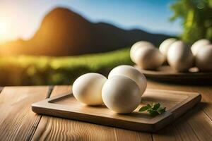 white eggs on a wooden tray with a sunset in the background. AI-Generated photo