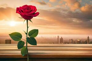 a single red rose is on a wooden table with a city in the background. AI-Generated photo