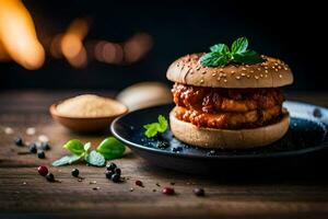 a hamburger with sauce and herbs on a plate. AI-Generated photo