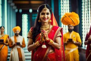 a woman in traditional indian attire is standing in front of her group of people. AI-Generated photo