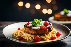 a plate of spaghetti with meat and sauce on a wooden table. AI-Generated photo