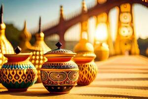 golden vases lined up on the ground in front of a golden bridge. AI-Generated photo