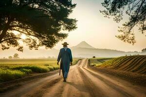 a man in a suit walks down a dirt road. AI-Generated photo