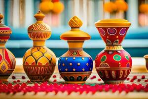 colorful vases on a table with red and gold decorations. AI-Generated photo