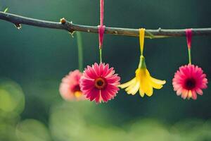 three pink flowers hanging from a branch. AI-Generated photo