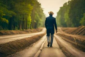 a man in a suit and hat walking down a road. AI-Generated photo