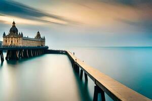 a long exposure photo of a long pier with a church on it. AI-Generated
