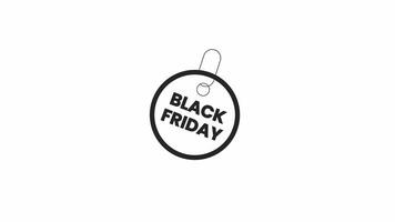 Black friday round tag bw outline 2D promotional animation. Shopping season monochrome linear cartoon 4K video, promo special offer. Circle edge animated marketing sticker isolated on white background video