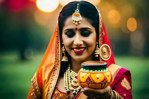 un mujer en tradicional indio atuendo participación un maceta. generado por ai foto