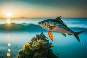 un pescado es nadando en el Oceano a puesta de sol. generado por ai foto