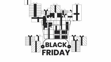 Black Friday shopping cart with gifts bw outline 2D animation. Gift boxes stacked 4K video motion graphic. Shopping trolley with bags monochrome linear animated cartoon flat concept, white background