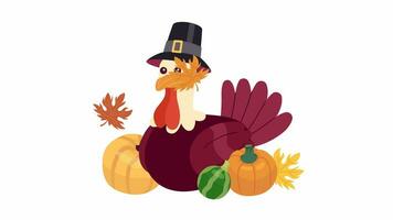 Thanksgiving pilgrim turkey in pumpkins fall 2D character animation. Harvest flat cartoon 4K video, transparent alpha channel. Wearing hat capotain poultry fowl animated animal on white background video