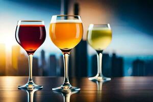 three glasses of wine on a table in front of a city skyline. AI-Generated photo