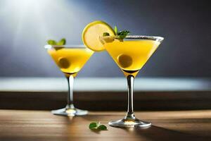 two martinis with lemon and mint on a wooden table. AI-Generated photo