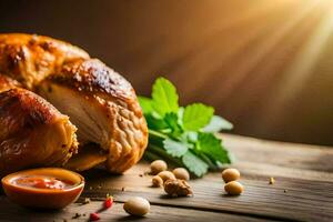 a roasted turkey on a wooden table with sauce and herbs. AI-Generated photo