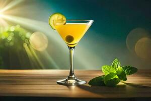 cocktail on a wooden table with sun light. AI-Generated photo