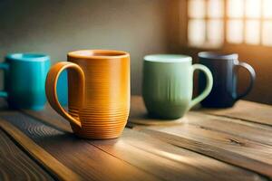 colorful coffee mugs on a wooden table. AI-Generated photo