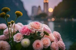 rosado rosas son en frente de un lago y ciudad. generado por ai foto