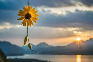 sunflower hanging from a rope with mountains in the background. AI-Generated photo