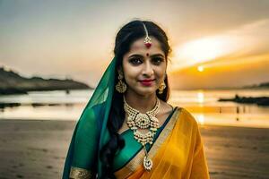 a beautiful indian woman in a green sari at sunset. AI-Generated photo