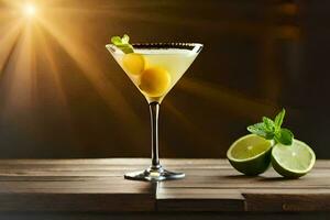 cocktail on a wooden table with sun shining. AI-Generated photo