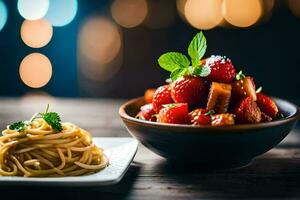 un plato de espaguetis con fresas y menta hojas. generado por ai foto