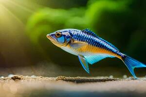 a fish with bright blue and yellow stripes is standing on the sand. AI-Generated photo