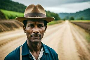 a man wearing a hat stands on a dirt road. AI-Generated photo