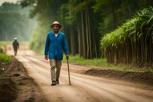 an elderly man walking down a dirt road with cane. AI-Generated photo