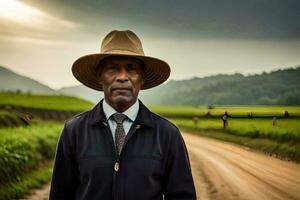 an african man wearing a hat and jacket standing on a dirt road. AI-Generated photo