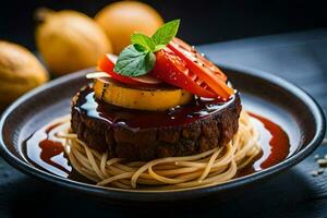 a plate of spaghetti with meat and vegetables. AI-Generated photo