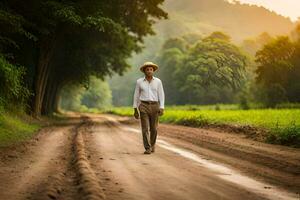 a man in a hat walks down a dirt road. AI-Generated photo