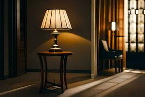 un lámpara en un mesa en un habitación. generado por ai foto
