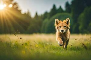 a puppy running through a field with the sun shining. AI-Generated photo